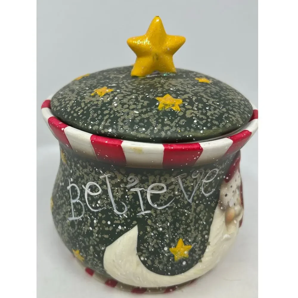 Huntington Holiday Treat Jar Santa Believe Hand Painted‎ Ceramic Cookie Jar